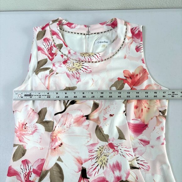 Calvin Klein Sheath Dress Women 12 Pink Floral Pearl Accent Neckline Sleeveless - Picture 9 of 12